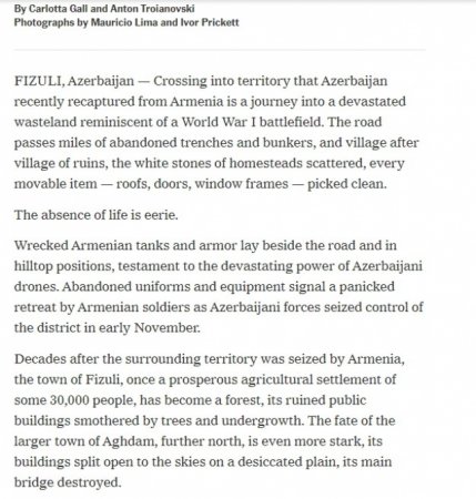 В «Нью-Йорк Таймс» опубликована статья о разрушениях в Физулинском и Агдамском районах