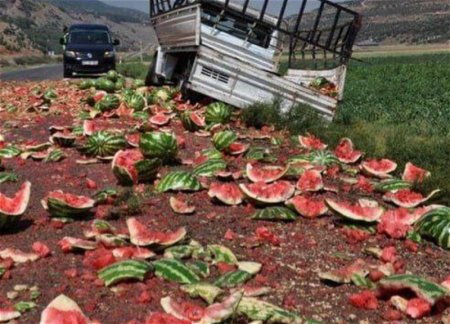 В Шамахы перевернулся наполненный арбузами грузовик