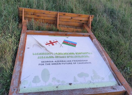 В Тбилиси опрокинули стенд с флагом Азербайджана